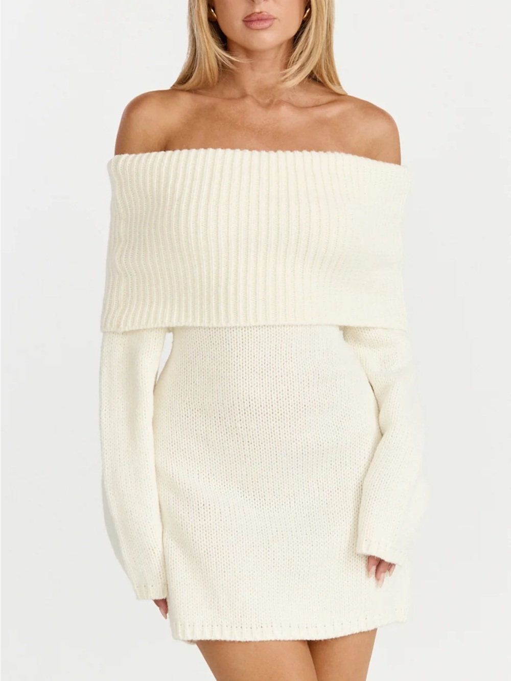 NWT Off-Shoulder Cream Ribbed Foldover Sweater Dress